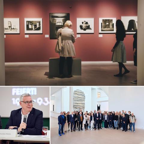 Fotocollage mit drei Motiven. 

oben: Besucher*innen der Ausstellung „hart & direkt" in den rem im Rahmen des Jubiläums 100 Jahre Neue Sachlichkeit. 

links unten: Bürgermeister Thorsten Riehle beim Pressegespräch. 

rechts unten: Gruppenbild mit Vertreter*innen des Netzwerks „Die 1920er-Jahre in Mannheim anlässlich der großen Jubiläumsausstellung in der Kunsthalle Mannheim.

Bilder: Kunsthalle Mannheim/ Elmar Witt, rem/Maria Schumann