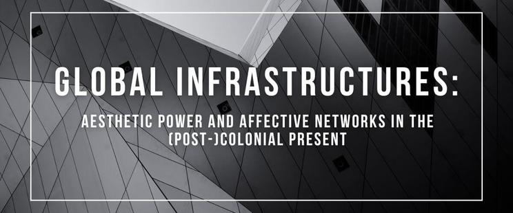 Illustrative image of the Joint International Workshop “Global Infrastructures: Aesthetic Power and Affective Networks in the (Post-)Colonial Present”. The image showcases a glassed building with sharp corners.