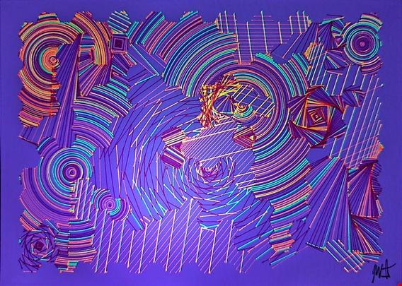 A deeply intricate pen plotter piece inspired by wave function collapse. Its dynamic, sweeping lines and swirling intersections echo the chaos of a mind struggling in the storm. The layers of lines symbolize descent, revealing the intricate, uncontrollable patterns of thought, emotion, and the universe. The artwork's abstract nature allows the viewer to feel the intensity of forces beyond control, blending physical and mental states into one visual narrative.