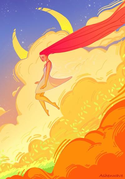 An illustration of a woman floating in the fields, surrounded by colorful clouds, her long hair moving with the wind. The moon pokes from behind the clouds, in the night sky.