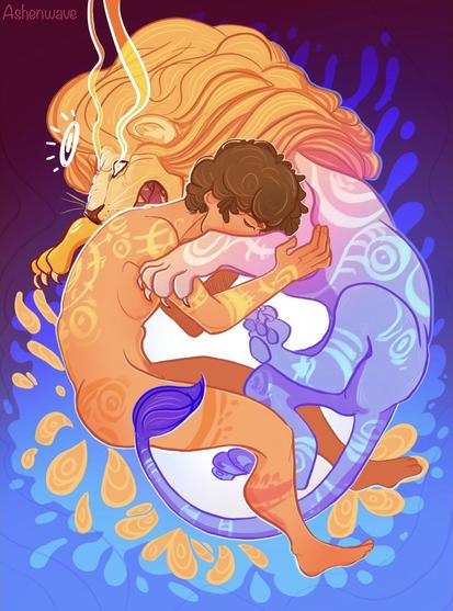 Illustration representing my version of Leo, of the Zodiac signs. A man with curly hair embracing a lion. Both have the same kind of glowing tattoos all over their bodies.