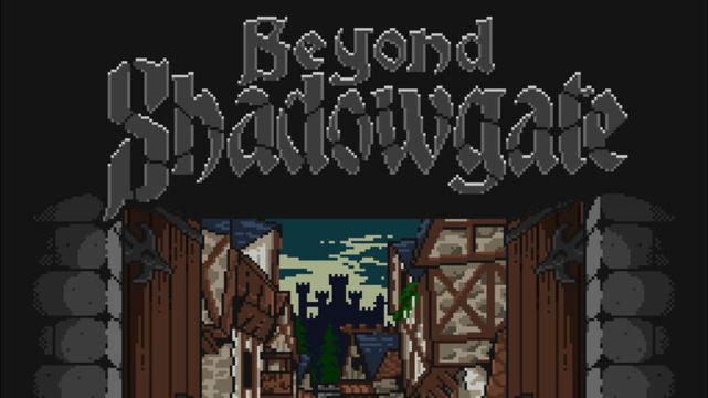 Title screen to Beyond Shadowgate. It is cropped vertically. It shows a pixel art logo above a door that opens into a rustic medieval village with a dark castle silhouetted on the horizon.
