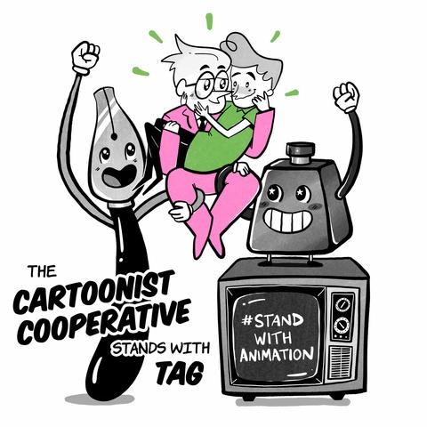An anthropomorphic inkwell and dip pen drawn in classic rubber hose arm animation style are hoisting a cartoon adam conover in a pink suit and a cartoon man in a green shirt on their shoulders, and pumping the other fists in the air while cheering. pink adam conover is holding the green shirt man in his arms like a sweet bride, and they are gazing into each other's eyes lovingly. the inkwell is standing on top of a vintage TV that reads "#StandWithAnimation" on its screen. The text reads [The Cartoonist Co-operative stands with TAG]