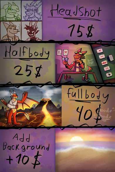 A commission price sheet with exampels of: Heashot drawings, halfbody character portraits, fullbody characters & backgrounds. The prices go as follows: 15$, 25$, 40$, +10$ for a background
