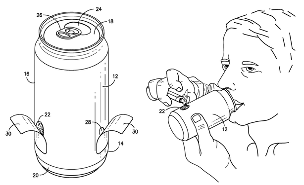 Patent drawings of a person smoking a bowl from a beer can with pre-made holes