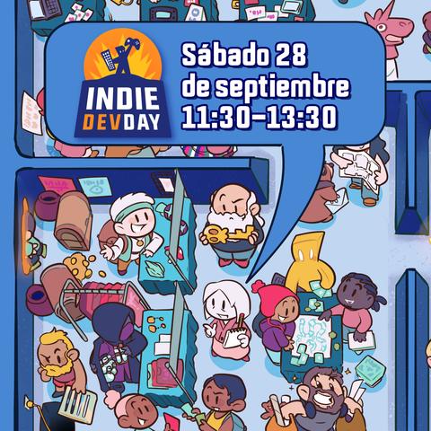 Trocito del cartel donde sale Laurielle hablando con un sospechoso vendedor wachubayin entre un montón de gente. Un bocadillo contiene el texto 'sábado 28 de septiembre, 11:30-13:30'