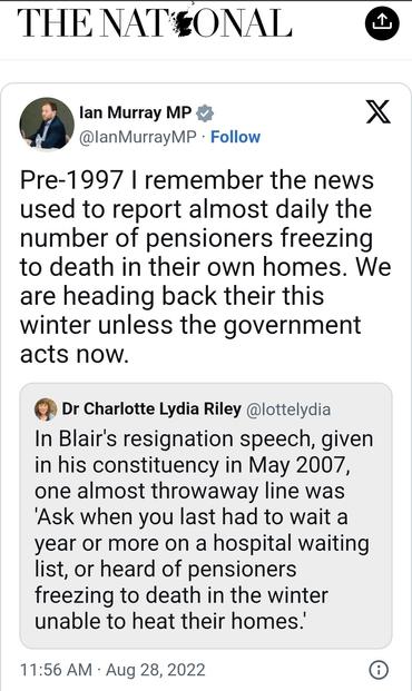 A tweet from 2022 where Labour's sole mp at the time was complaining about potential cuts to winter fuel payments by the blue Tories.