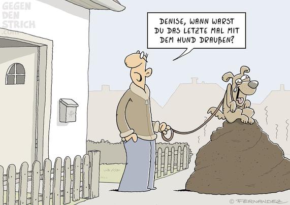 Cartoon: Ein Mann ist mit seinem Hund aus der Haustür gegangen und hat nun den Bürgersteig betreten. Er ruft zur offenen Haustür zurück: "Denise, wann warst du das letzte Mal mit dem hund draußen?" Der Hund hat einen Haufen gemacht, so riesig wie der in "Jurassic Park".