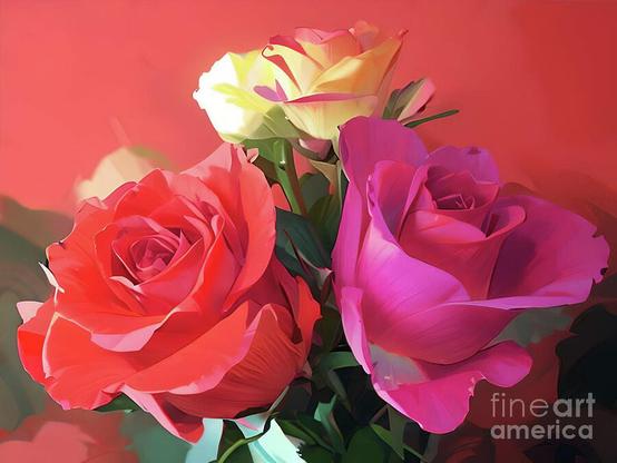A vibrant bouquet features roses in multiple colors, including red, purple, and yellow, set against a warm red background. The delicate petals and lush green leaves create a striking contrast with the vivid backdrop.
My original photo digitally enhanced