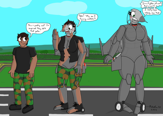 A transformation sequence of a man turning into an anthro female fighter jet. She looks embarrassed at the end.