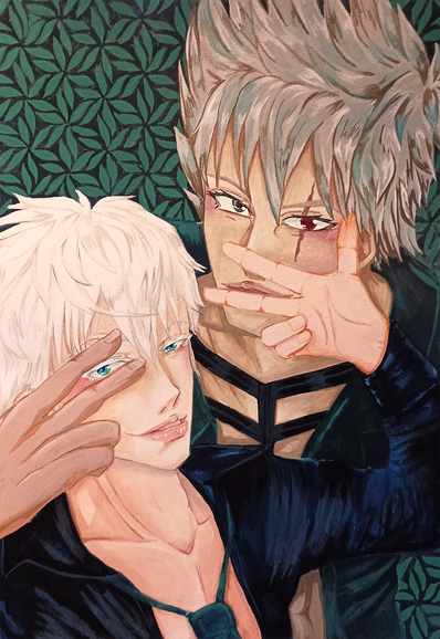 Fanart of Gojo Satoru and Kakashi Hatake in gouache.
