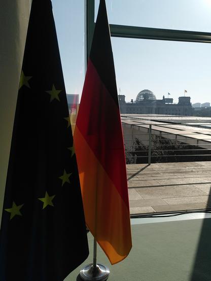 EU and German flags looking across the government quarter in Berlin