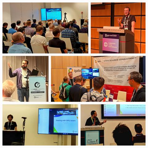 Collection of six pictures taken during 2024 OSSummit Europe, LPC and LF Europe Member Summit in Vienna, Austria. From left to right, top to bottom order:
1. Audience of Changwoo Min's talk at LPC 2024, sched_ext MC.
2. Christian Gmeiner on the stage for Embedded Linux Conference in OSSummit Europe 2024.
3. Manuel Rego presenting at LF Europe Member Summit 2024.
4. Visitors of Igalia's booth at OSSummit Europe 2024.
5. André Almeida on the stage in the Graphics & DRM MC of LPC 2024.
6. Thadeu Cascardo presenting at LPC 2024 in the Real-time MC.