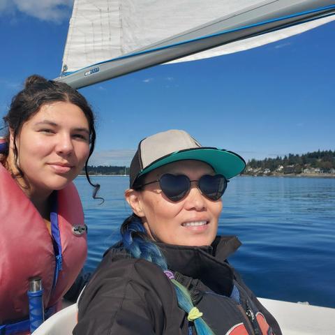 Selfie of me & Ojistoh, in Martin 16 sailboat.