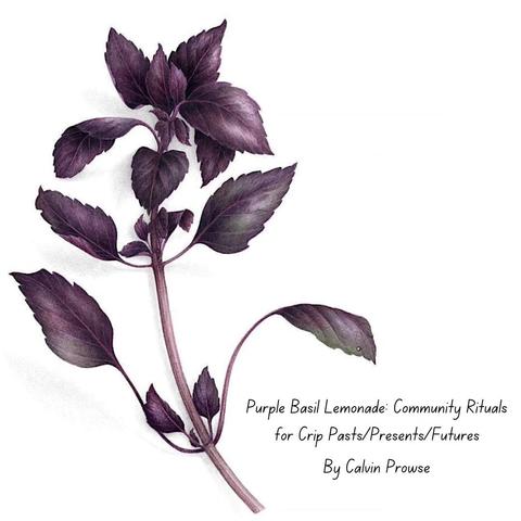 A drawing of a purple basil plant, with the words: "Purple Basil Lemonade: Community Rituals for Crip Pasts / Presents / Futures, by Calvin Prowse"