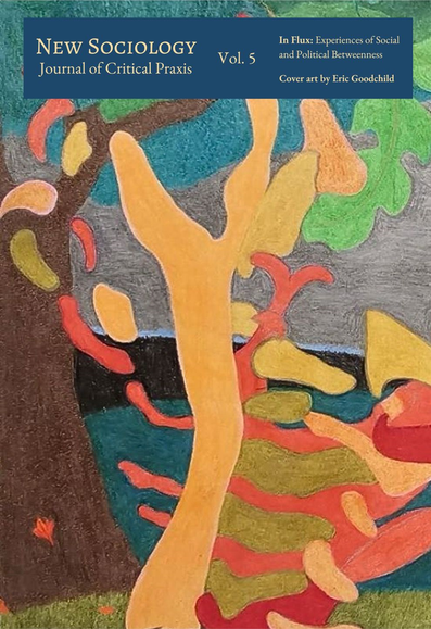 The cover of New Sociology Journal of Critical Praxis, volume 5. 
Abstract blobs of bright primary colours , described by the artist as "an attempt to capture the form and feel of fall leaves caught up in the small whirlwinds of the season." Along with the name of the journal , it displays the title of the issue: "In Flux: Experiences of Social and Political Betweenness, cover art by Eric Goodchild"