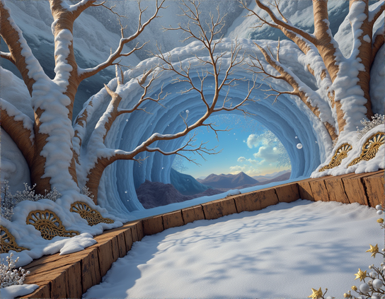 Snow-covered trees line an icy pathway framed with wooden blocks and carvings, leading through a tunnel of ice, with mountains and a clear sky in the background.