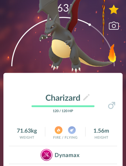 Shot of shiny Charizard profile showing Dynamax button.