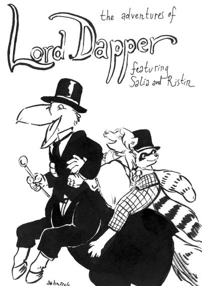 A Movie like posted of "The Adventures of Lord Dapper, as Lord Dapper the Taur Shoebill lifts up as Resten the Halfcut Tanuki and Salia the Raccon ride on his back.