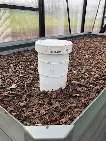 Mini worm farm. A capped white PVC pipe protrudes from a raised garden bed.