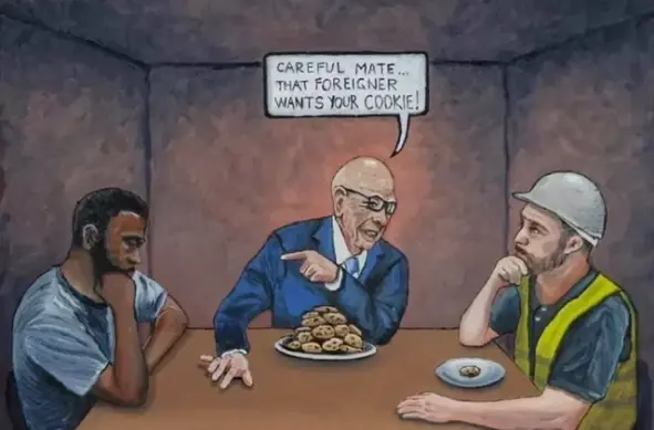 Cartoon by Denis Lushch showing Rupert Murdoch, owning a pile of cookies, warning a white worker that a cookieless migrant will take his single cookie.
