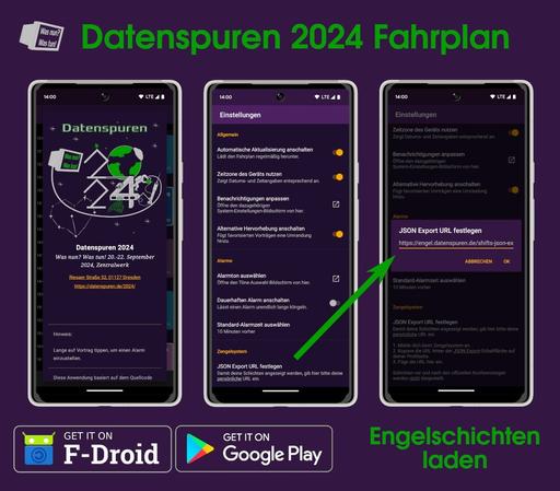 Screenshot der Datenspuren 2024 Fahrplan App für Android Smartphones und Tablets. Auf dem Einstellung-Bildschirm können die Engelschichten geladen werden.