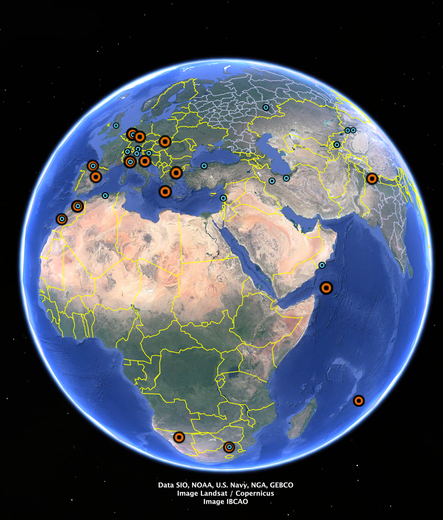 Location of the caves in the heatmap. Meaning of the colours : 
the difference between the average from 4250 to 4050 BP over the average in the whole individual speleothem series. Blue is if the 4.2ky period was higher than the alltime average, meaning, the speleothem received more rain during this period compared to its alltime average. Red is dryer than usual. 
The red dots are so big because otherwise, they'd hide behind the blue dots in cases where speleothems in a single cave/location show the opposite evolution.

(This happens very often actually, d18O from stalagmites in the same cave not at all corresponding to each other. I don't know how to deal with this phenomenon. It's the reason why I usually don't look at stalagmites anymore. Very sad. They often have such high resolution. :( )