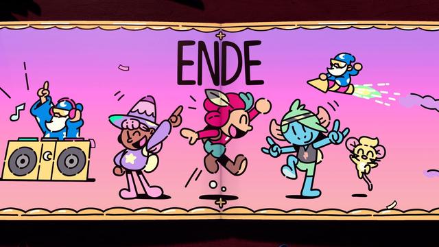 Ein Screenshot aus dem Spiel Der kühne Knappe. Comic Stil. Ein aufgeklapptes Buch, zu sehen ist eine Party. Eine Magierin, ein Knappe, ein blauer Bergtroll und eine Maus tanzen. Links ist ein Zauberer DJ, oben steht Ende und rechts daneben ein kleiner Zauberer auf einer Rakete.