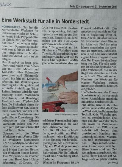 Zeitungsartikel im Heimatspiegel vom 23.09.2024. Überschrift: Eine Werkstatt für alle in Norderstedt