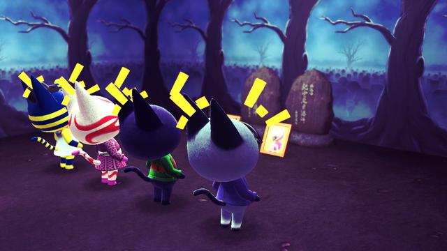 Animal Crossing: New Horizons screenshot. Image shows four cat villagers (Ankha, Kabuki, Kiki, and Raymond) laughing dramatically in front of two gravestones in what appears to be a spooky graveyard. In front of one headstone is a photo of Flora.