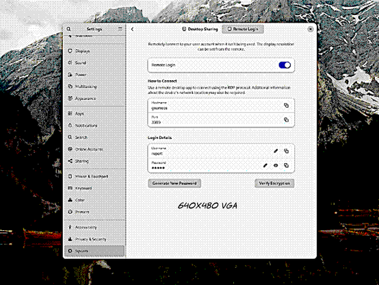 Same screenshot of Gnome 46 but in VGA 16 colours - 640x480 and default palette