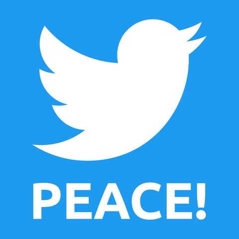 Graphic  showing the peace dove in the style of the Twitter bird and the word PEACE!
