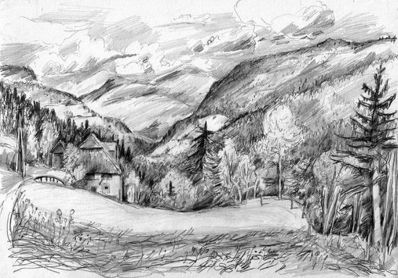 A valley, some mountains, trees and clouds and two farm buildings.