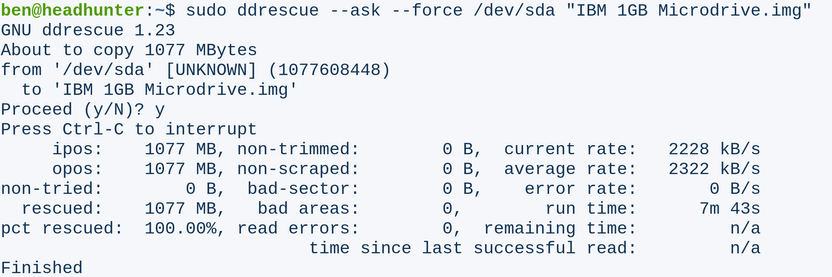 The output of `ddrescue` showing a completely successful scrape of every byte on the Microdrive. No read errors, no bad sectors.