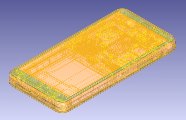 An isometric model of the Librem 5 phone with all its internal components wireframed.
