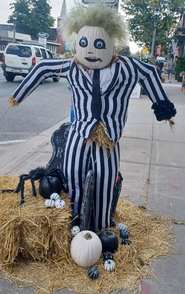 A scarecrow standing outside a business in Erin, Ontario,  dressed to look like the character Beetlejuice.  He has a pumpkin for a head, and his striped suit is stuffed with straw.