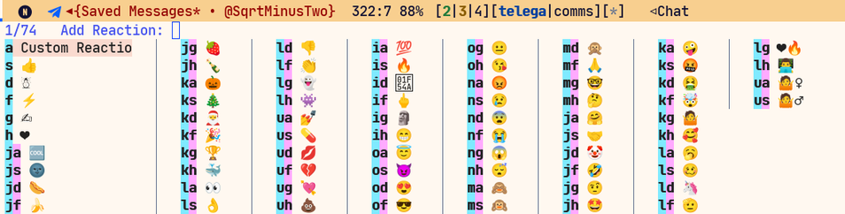 A minibuffer showing 8 columns with 10 emojis in each column except the last. Each emoji is prefixed by one or two English letters.
