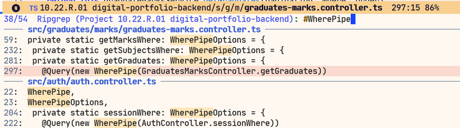 A minibuffer with the results of searching for `WherePipe' in one of my projects. Ripgrep has found 54 results, 8 of which are seen on the screen. The displayed results are grouped under two headers, each header showing full file path in the project.