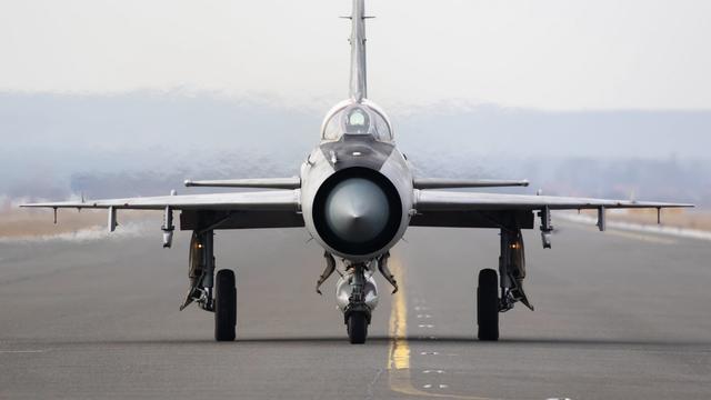 Nose-on view of a Croatian MiG-21bisD on the taxiway of a runway in Zagreb, Croatia
