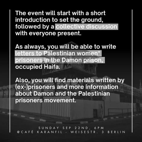 💥Announcement! Sunday 22.09.2024💥

🔥Prison ans a tool of state control🔥

Sunday, 22.09.2024 | 06:00 | Café Karanfil, Weisestraße 3 12049 Berlin

Arrival: U8, bus 166, M43 Boddinstraße

📣 Call: https://asanb.noblogs.org/?p=8661 - @anarchists4palestine

#b2209 #FreeThemAll