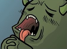 Screenshot of the original "Dare you enter my Magical Realm" comic, specifically the piss-bridge-troll with mouth open to be pissed in.