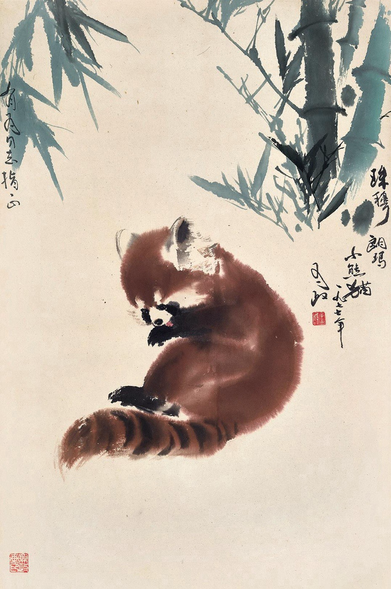 Chinese ink & color art on off-white paper in portrait orientation: red panda curled up grooming itself, with bamboo plants in background
