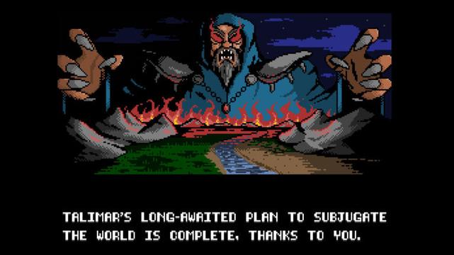 Screen from ending "C" of Beyond Shadowgate, showing the sorceror Talimar looming over a burning landscape. Text reads: "Talimar's long-awaited plan to subjugate the world is complete. Thanks to you."