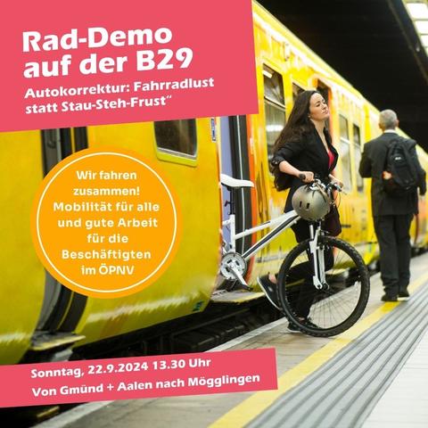 A woman is boarding a train with a bicycle. The image promotes a bicycle demonstration event with text highlighting themes of mobility and public transport. The event details are provided, including the date, time, and location.