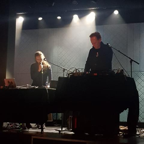 Maja Ratkje and Stian Westerhus on stage, low light. Real  photograph by me.
