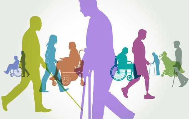 drawing of silhouettes of various people with artificial limbs, canes, walkers, wheelchairs, etc.