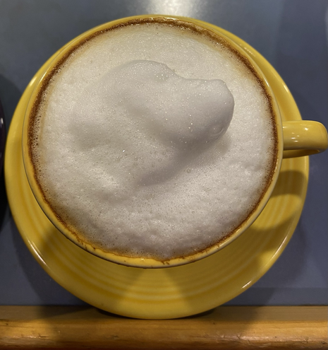 Foamed milk relief of ‘Good Boy’ dog in cappuccino in yellow cup and saucer.