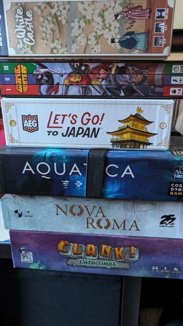 Potential play pile of games for today:
The White Castle
Comic Hunters
Let's Go to Japan
Aquatica
Nova Roma
Clank Catacombs
