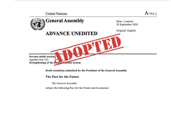First page of the UN Pact for the Future with a stamp stating adopted.