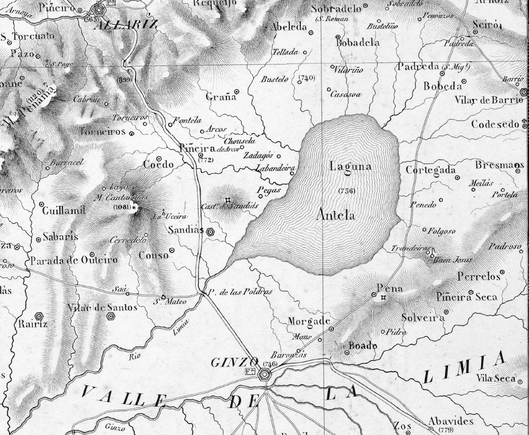Mapa do século XIX que mostra a localización xeográfica da Lagoa de Antela, situada na zona da Limia, na provincia de Ourense